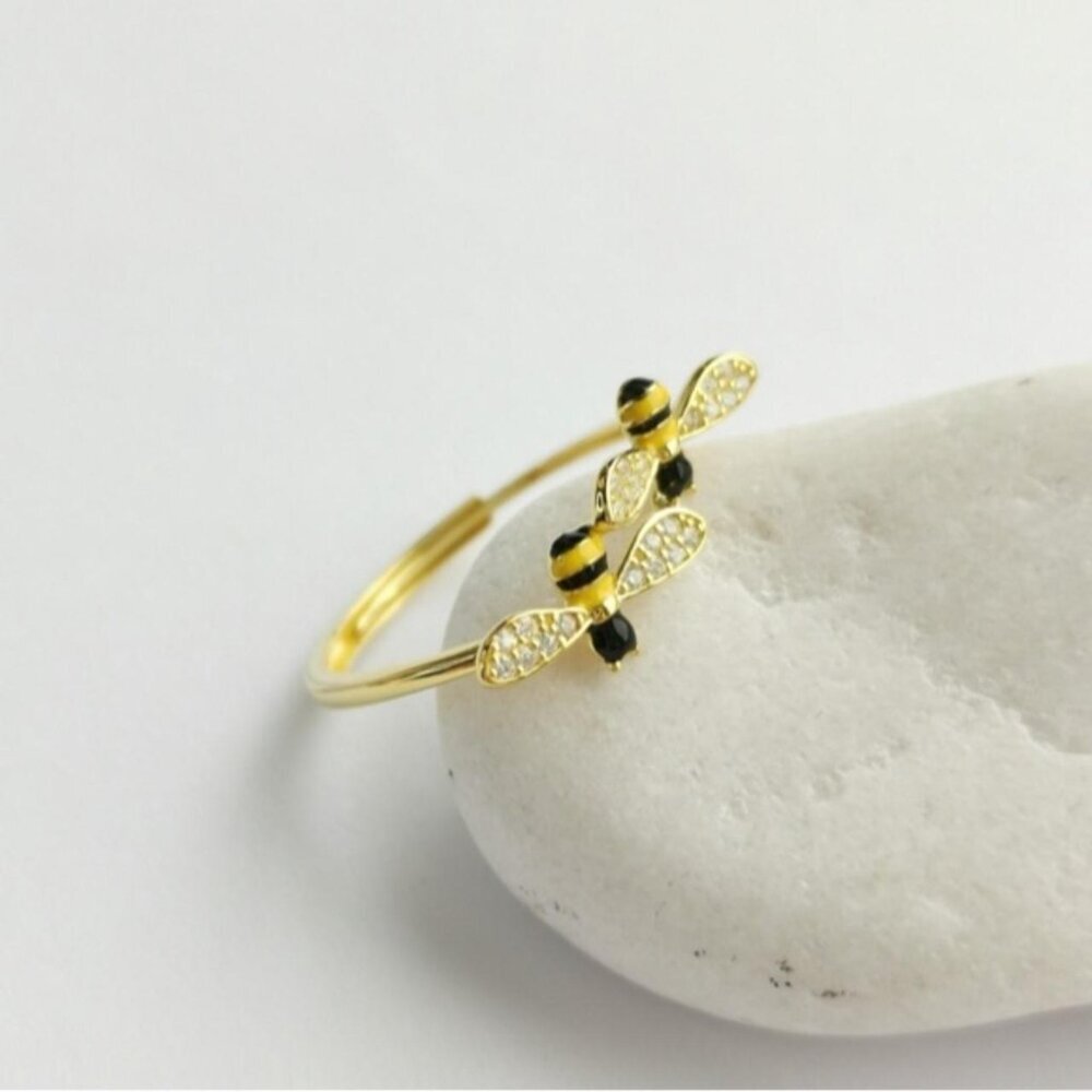 CZ enamel Bee Bees ring 14k Gold over Sterling Silver size 7
